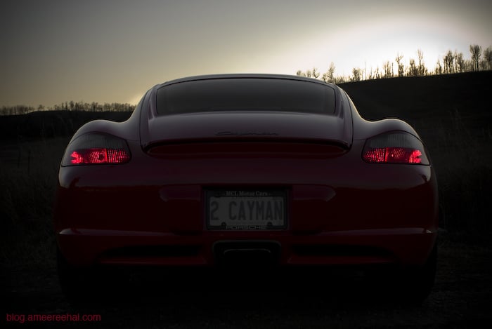 2008 Porsche Cayman rear design and taillights at sunset