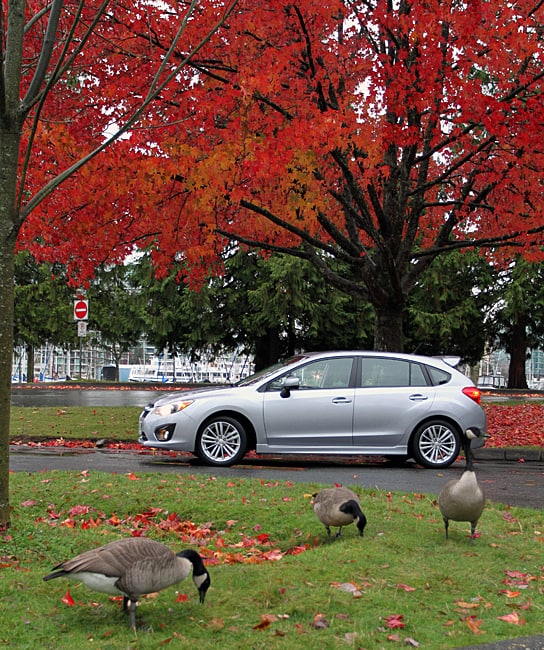 2012 Subaru Impreza sideview parked with leaves
