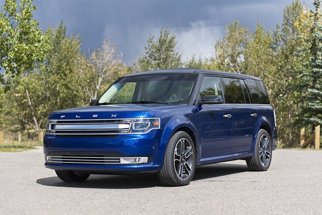 blue 2013 Ford Flex Limited front profile parked on the road