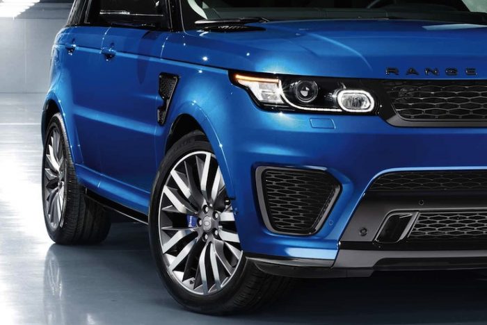 2015 Range Rover Sport SVR in blue close up of grill and headlight