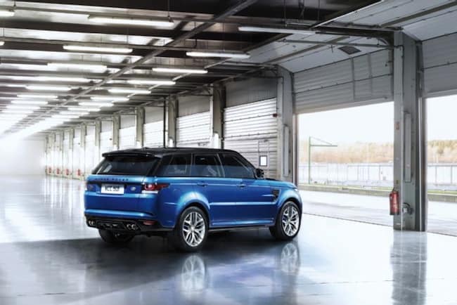 2015 range rover Sport SVR rear view of blue model parked in garage