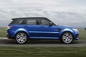 2015 Range Rover Sport SVR in blue driving on the road