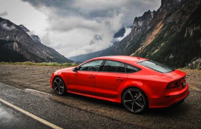 2015 Audi RS7 rear profile shot parked in the mountains on side of the road