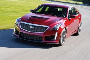 red 2016-cadillac-cts-v front view on the track