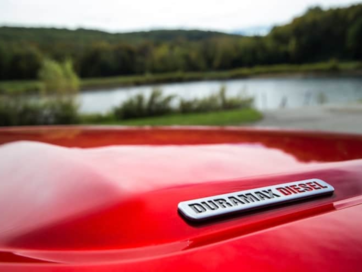 red 2016 GMC Canyon Diesel with Duramax diesel logo on hood