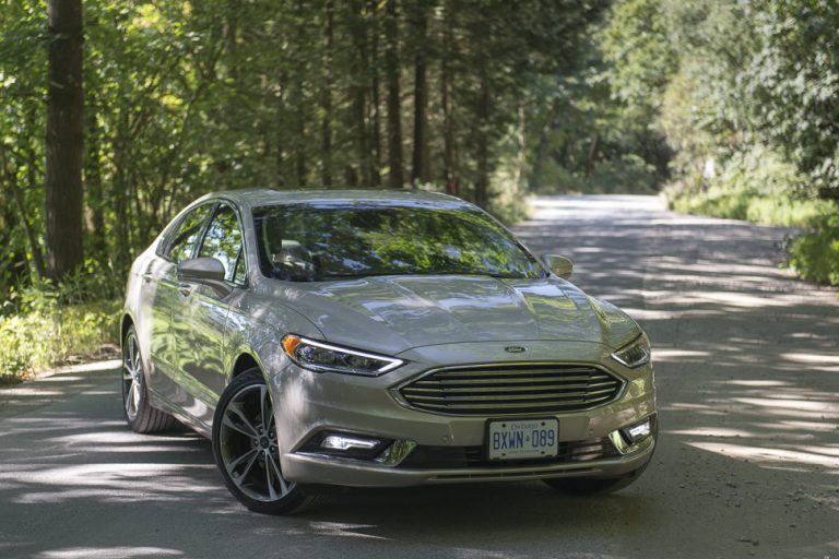 2017 Ford Fusion front view parked on road