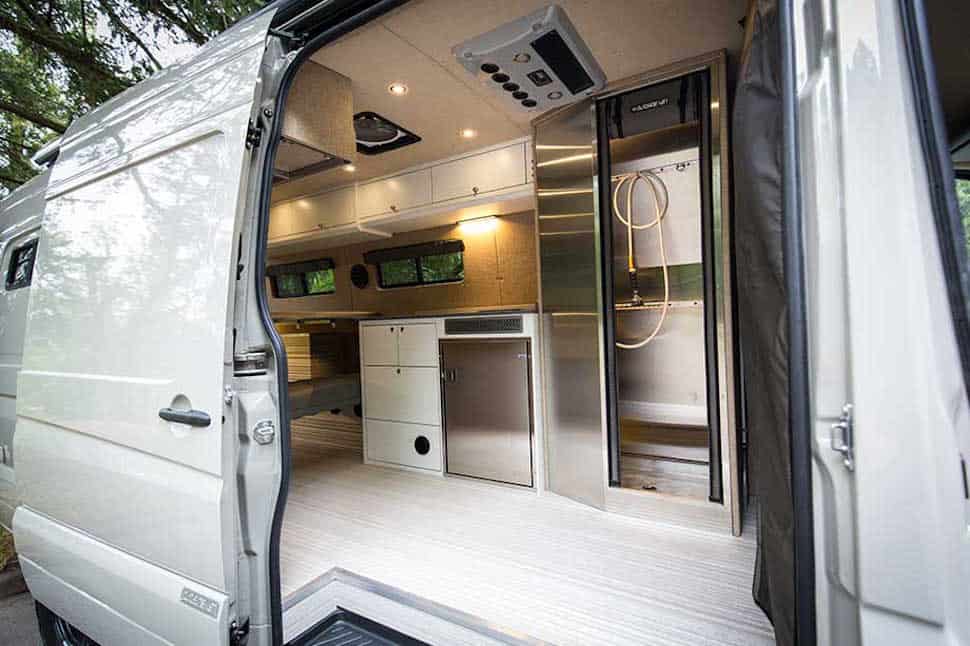 Outside Van Valhalla 4x4 Camper interior look from outside with the door open