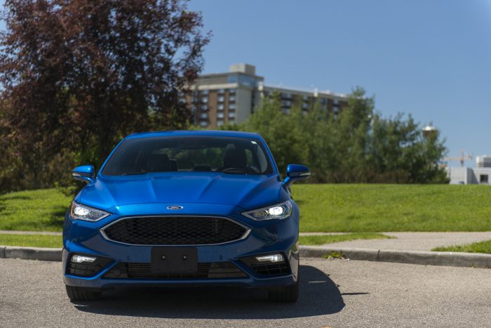 2017 Ford Fusion Sport front view in blue