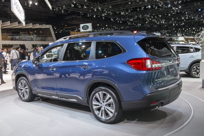 2019 subaru ascent blue rear profile