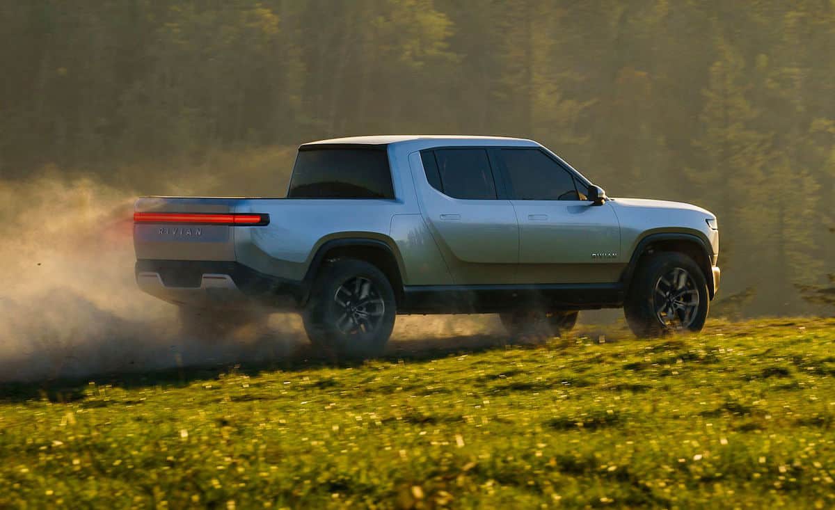 rivian r1t all electric pickup truck rear rolling