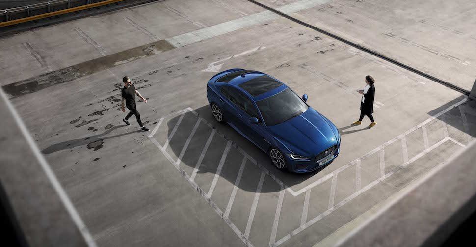 2020 Jaguar XE top view of blue sedan