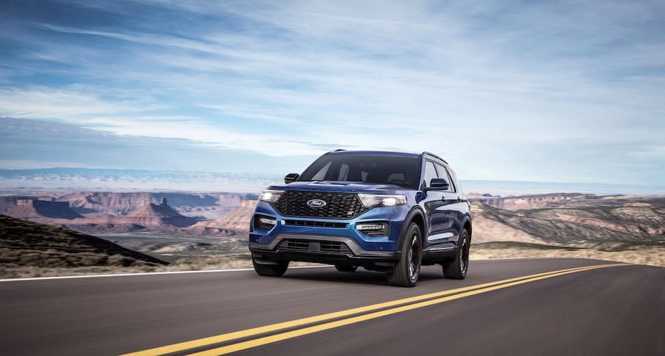 2020 ford explorer st front preview driving on road