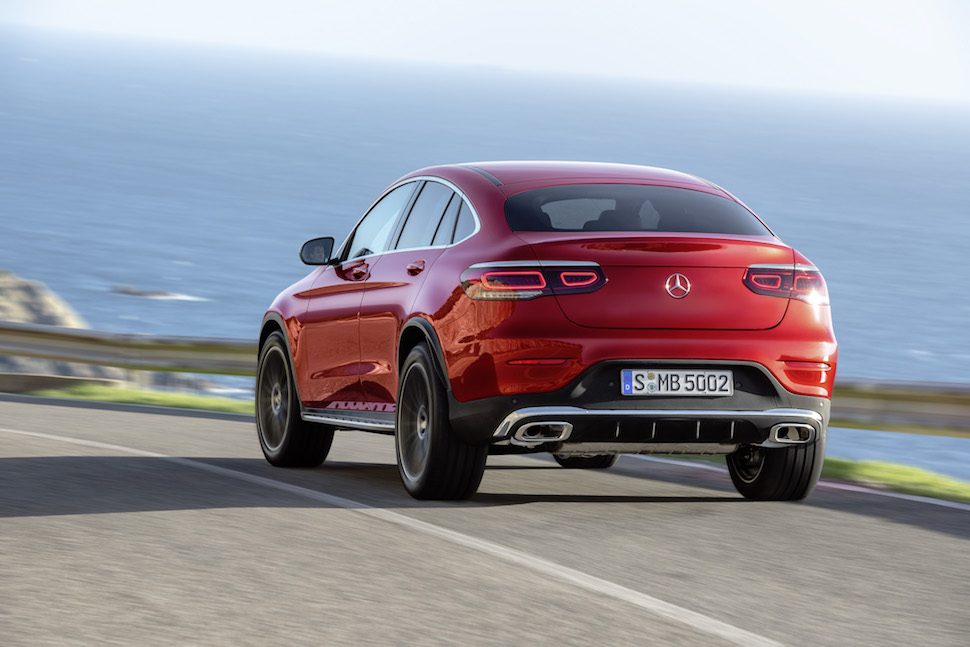 2020 Mercedes-Benz GLC Coupé rear view while driving along ocean