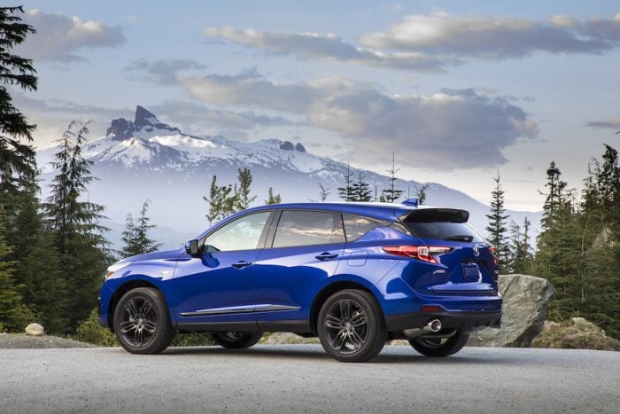 2020 Acura RDX A-Spec rear view in blue mountains