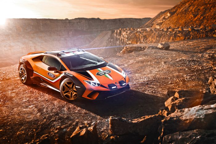 lamborghini Huracán Sterrato off-road supercar top view sitting in the mountains