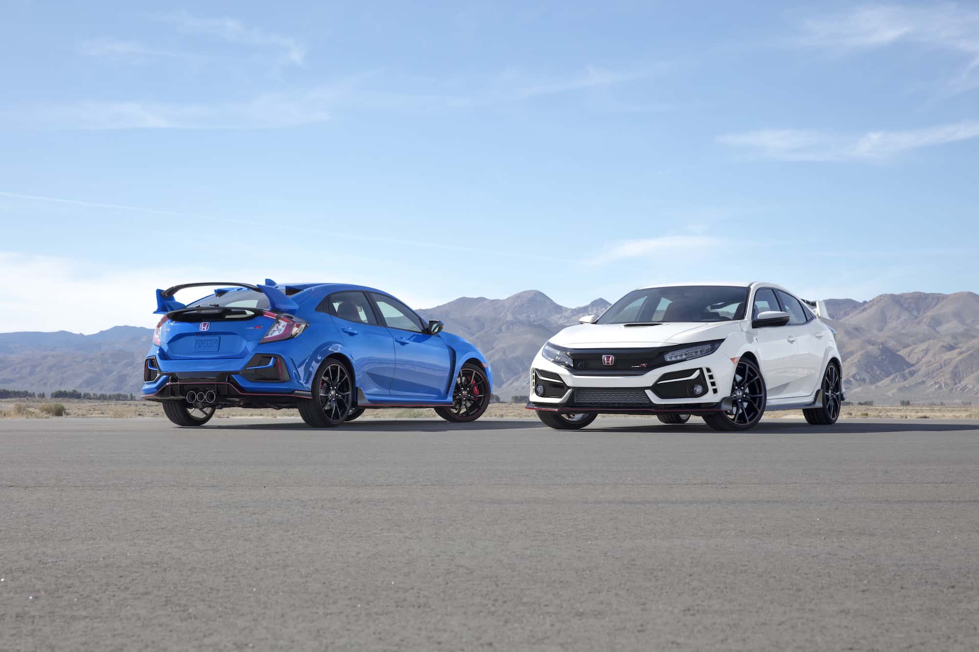 2020 Honda Civic Type R in blue and white side by side