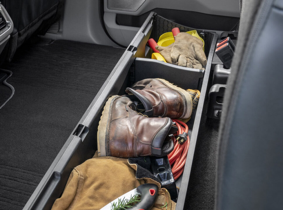 2021 Ford F-150 interior storage area with boot and gear