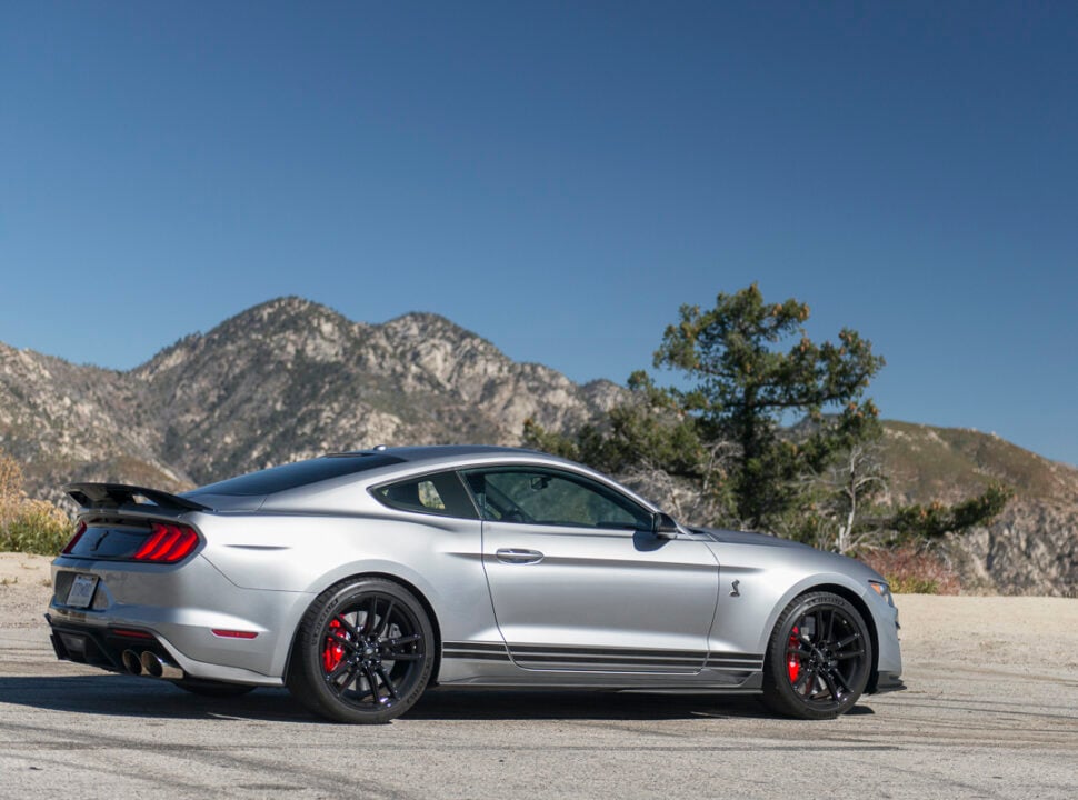 2020 Ford Mustang Shelby GT500 in silver parked on street