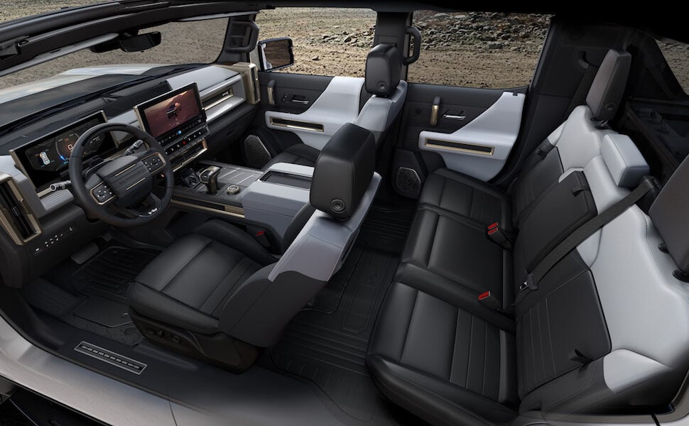 The 2022 GMC HUMMER EV’s design visually communicates extreme capability, reinforced with rugged architectural details that are delivered with a premium, well-executed and appointed interior.