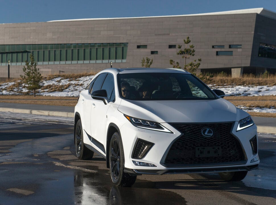 Lexus RX 350 Black Line in white parked outside by building
