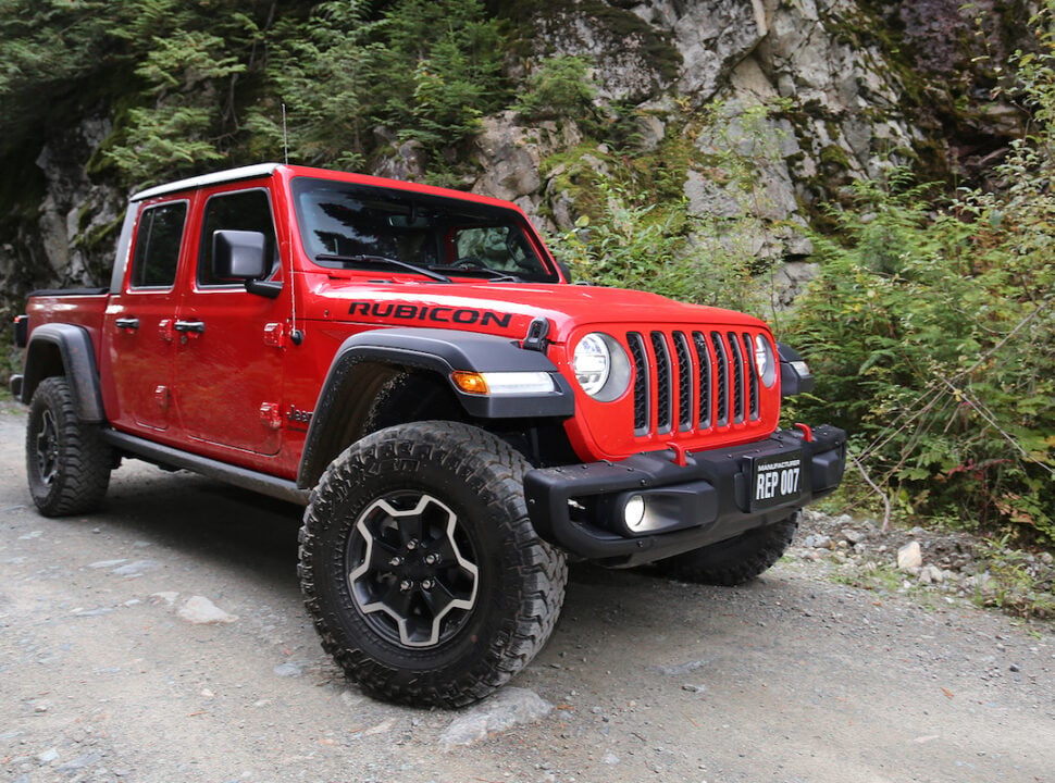 2021 Jeep Gladiator Rubicon front view parked on off road trail