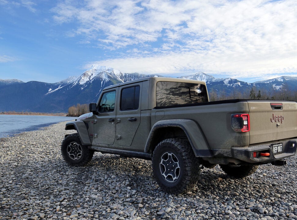 2021 Jeep Gladiator Mojave rear view parked by water