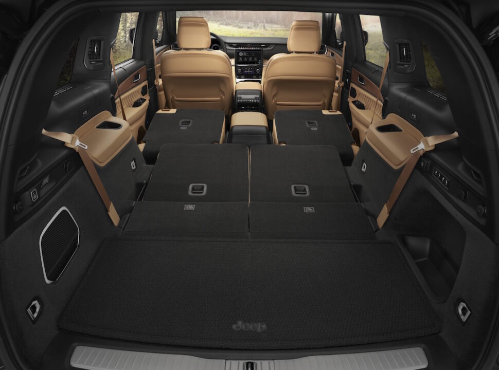 The all-new 2021 Jeep® Grand Cherokee L Summit Reserve rear interior cargo space (84.6 cu. ft. with second and third rows folded flat).