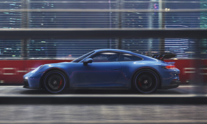 2022 Porsche 911 GT3 in blue driving at night