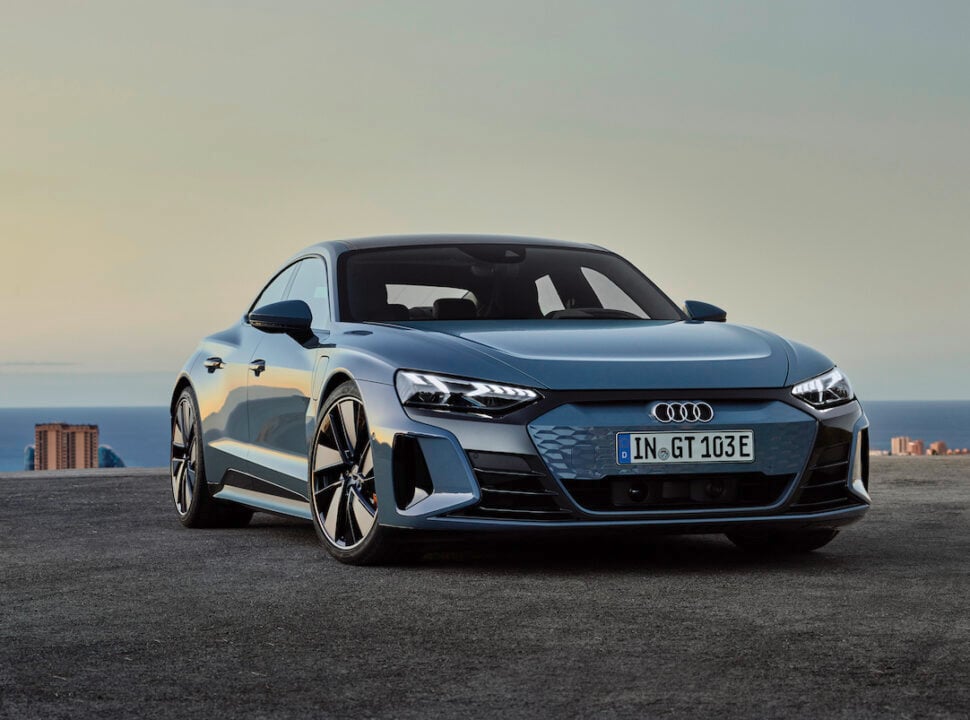 2022 Audi e-tron GT front view parked on street by ocean