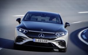 2022 Mercedes-Benz EQS front head on driving at the track