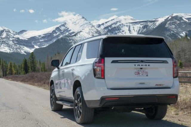 2021 Chevrolet Tahoe RST Duramax Diesel rear white in mountains