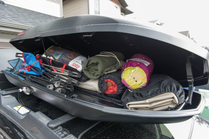 Yakima SkyBox 16 Carbonite open and full of gear