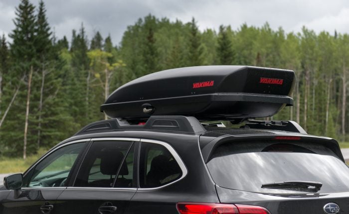 Yakima SkyBox 16 Carbonite on Outback rear view