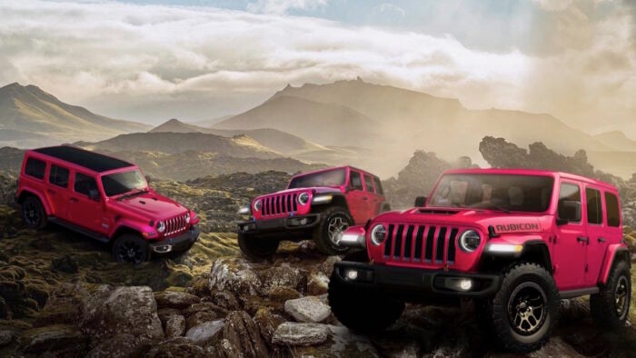 2021 Jeep Wrangler Sahara 4xe, Wrangler Rubicon 4xe and Wrangler Rubicon 392 in new Tuscadero exterior paint color.