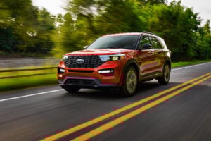 2023 Ford Explorer ST-Line front view driving fast on the road