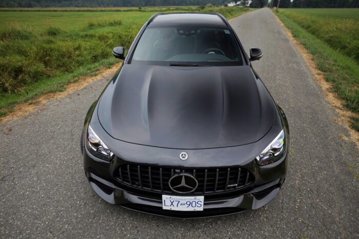 Black 2021 Mercedes-AMG E63 S Wagon front grill up close