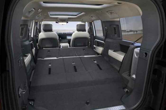 2023 Land Rover Defender 130 interior with 2nd and 3rd rows both down flat showing large cargo area