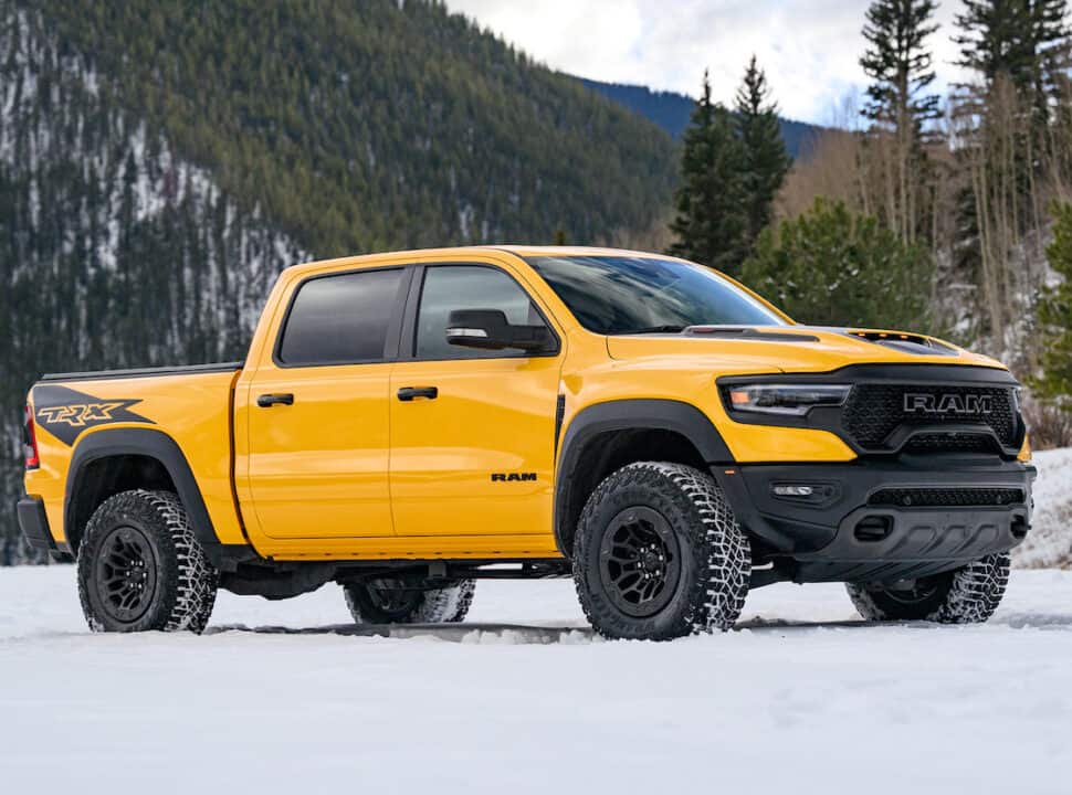 2023 Ram 1500 TRX Havoc Edition front in snow yellow truck