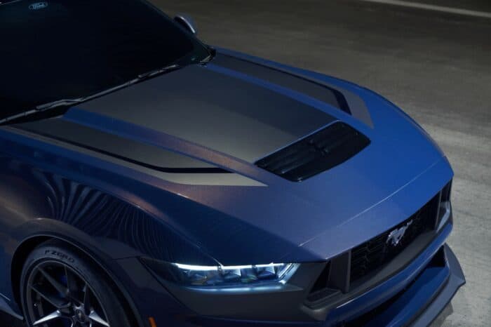 2024 Mustang Dark Horse engine hood with 5.0L Coyote V8 underneath