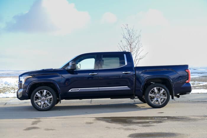 2022 Toyota Tundra i-Force Max CrewMax Capstone exterior in blue sideview