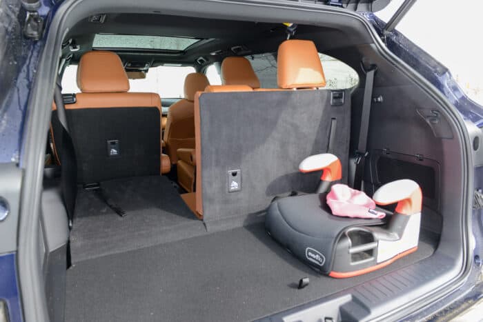 2023 Toyota Highlander Platinum / Limited AWD interior rear trunk with child car seat and one of the last rows folded down