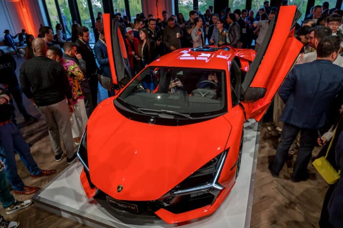 Lamborghini Revuelto front view from top with both doors open