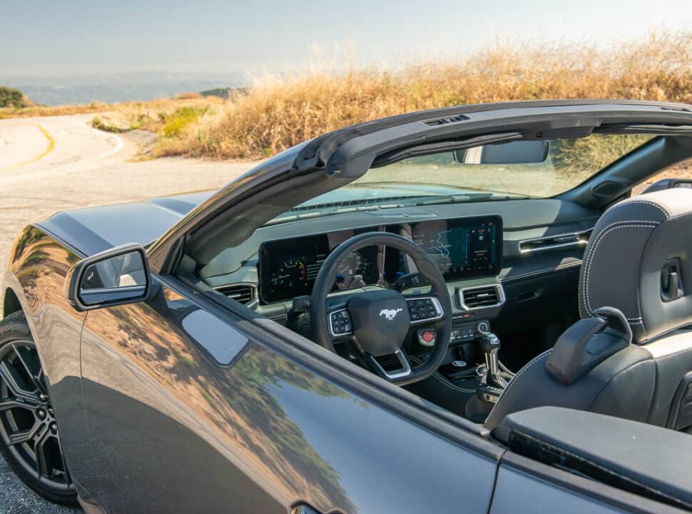 2024 Mustang EcoBoost Premium Convertible interior with top down, parked on side of road at Angles Crest, California