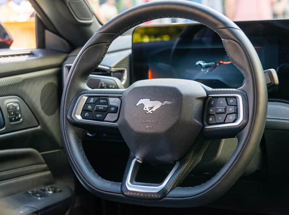 Redesigned flat bottom steering wheel inside the 2024 Mustang EcoBoost