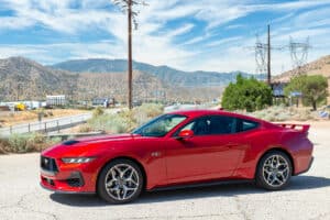 2024 Mustang GT Fastback with Performance Pack parked on side of road on Angles Crest, California.