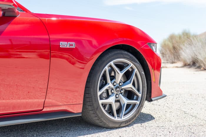 2024 Mustang GT Fastback with Performance Pack 5.0 emblem and front wheel