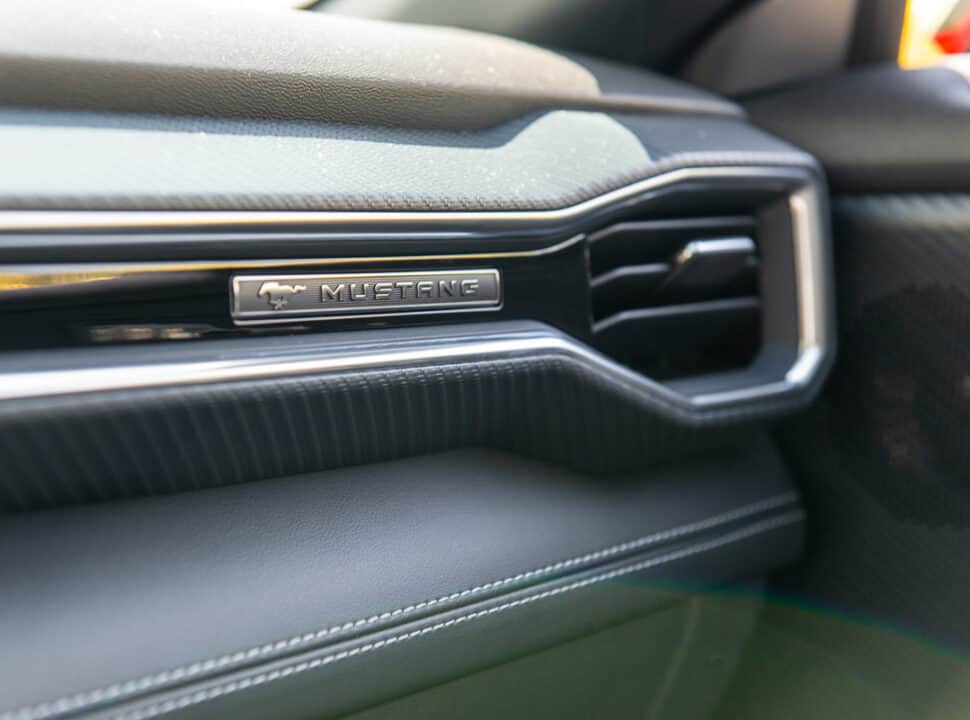 2024 Mustang interior emblem on the passenger side near vent