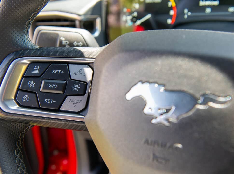 2024 Mustang interior steering wheel controls up close