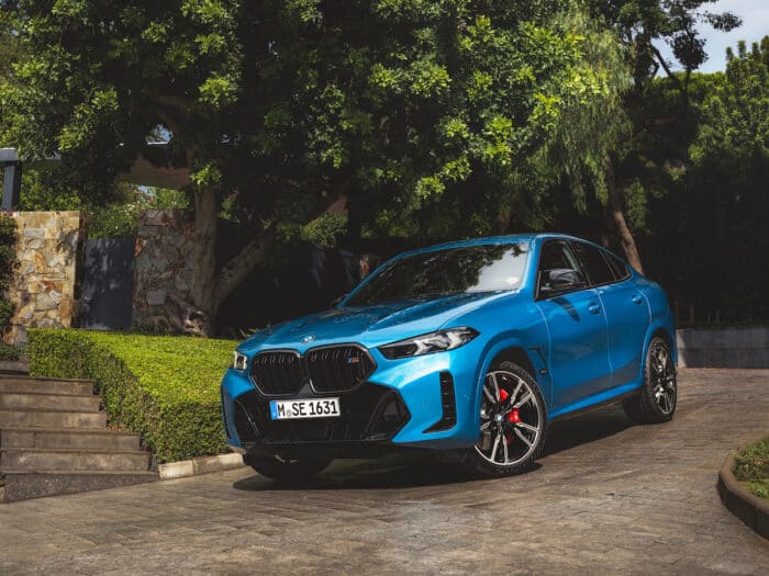 2024 BMW X6 in blue parked on a driveway with large trees