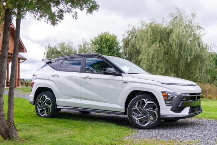 2024 Hyundai Kona N-Line white model parked outside
